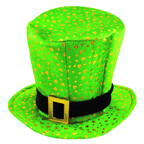Adult green top hat with gold shamrock decorations and buckle for St. Patrick's Day celebrations.