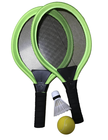 A to Z 6833 Soft Tennis set with two green rackets, yellow tennis ball, and shuttlecock