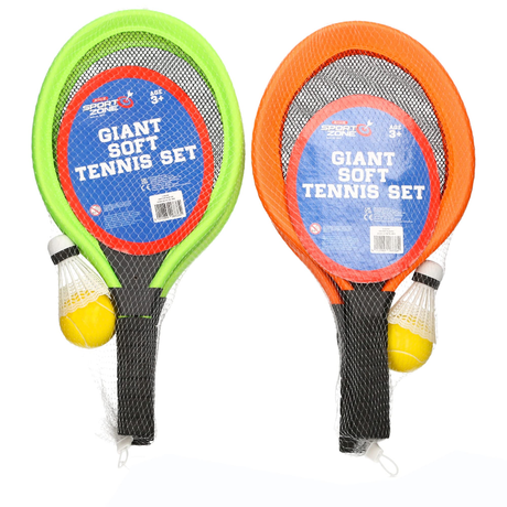 A to Z 6833 Soft Tennis set with green and orange giant rackets and yellow shuttlecocks in mesh bags