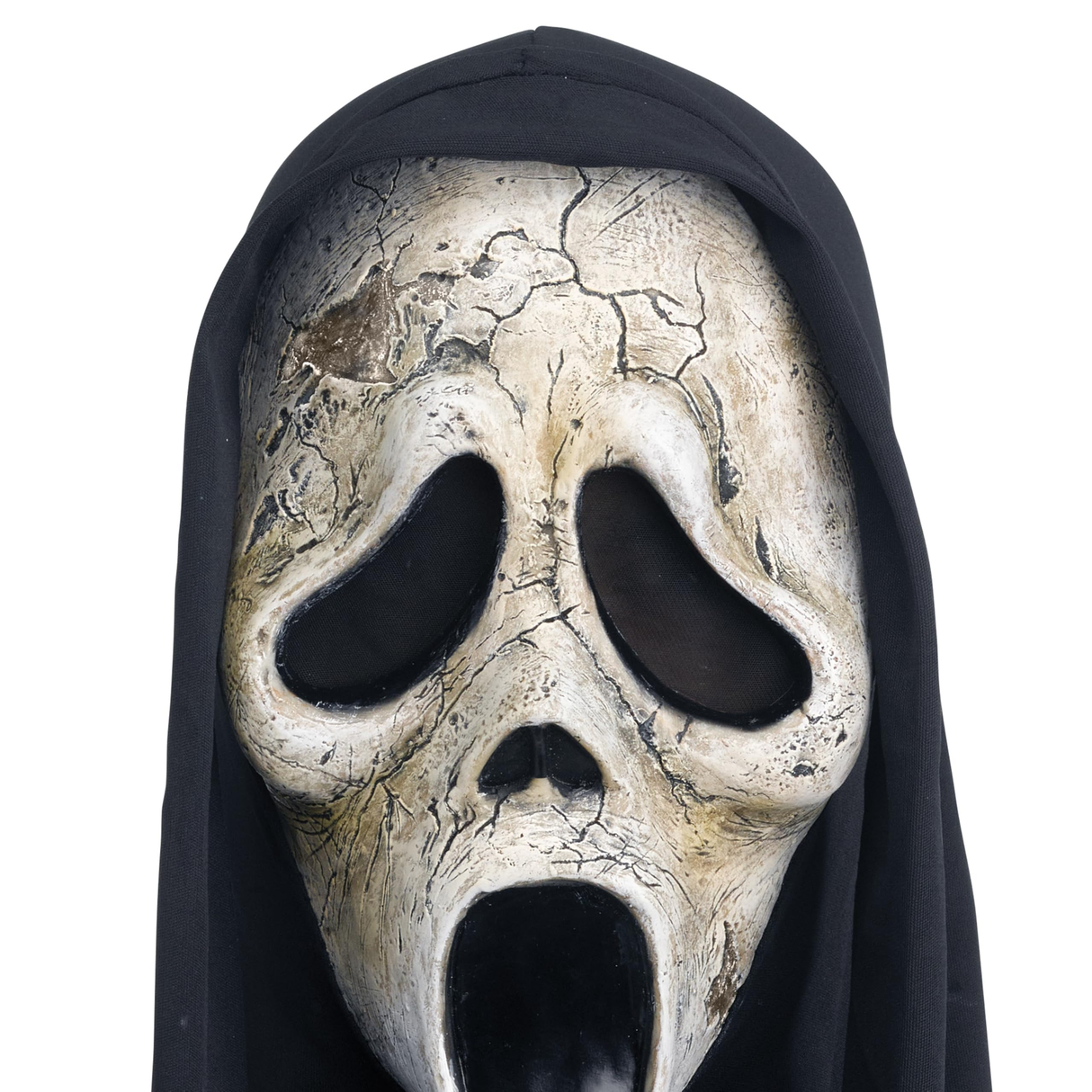 Fun World Scream VI aged Ghost Face mask with black hood, cracked detailed design, one size for ages 14 and up