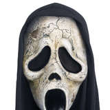 Fun World Scream VI aged Ghost Face mask with black hood, cracked detailed design, one size for ages 14 and up