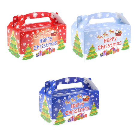 Christmas large party lunch boxes in festive red, light blue, and dark blue designs with "Happy Christmas" text.