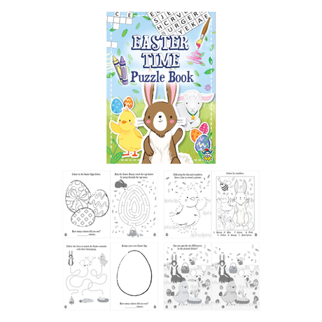 Mini Easter puzzle books for kids, A6 activity book with coloring and word puzzles, 48 pack.
