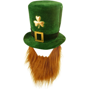 Adult Deluxe Green Leprechaun Top Hat with Ginger Beard St Patrick's Day Wholesale