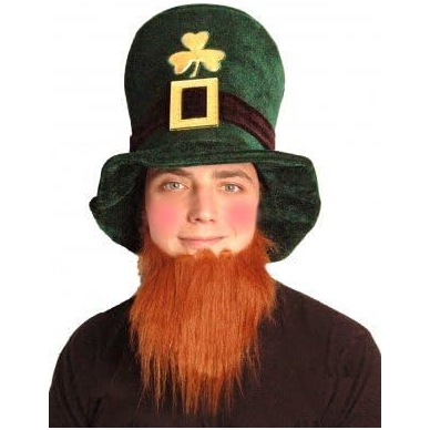 Adult Deluxe Green Leprechaun Top Hat with Ginger Beard St Patrick's Day Wholesale