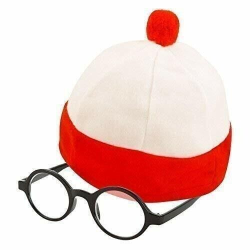 Child's red bobble hat with glasses, ideal for costume accessory and World Book Day.