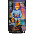 Monster High Scare-adise Island Heath Burns Doll with flame hoodie, swim trunks, and beach accessories in packaging.