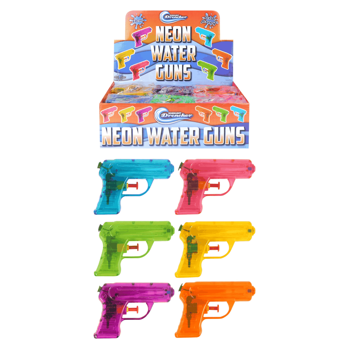 Mini water pistols in six neon colors: blue, pink, green, yellow, purple, and orange.