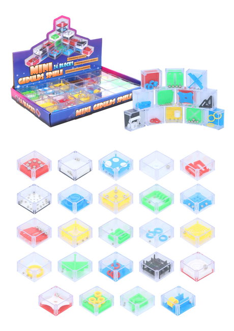 Maze Puzzle Blocks in assorted colors and designs, featuring silver balls and clear plastic boxes, perfect for kids and adults as brain teasers.