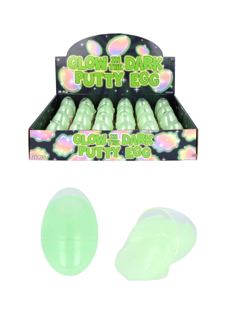 Glow in the dark egg-shaped putty containers with display box.