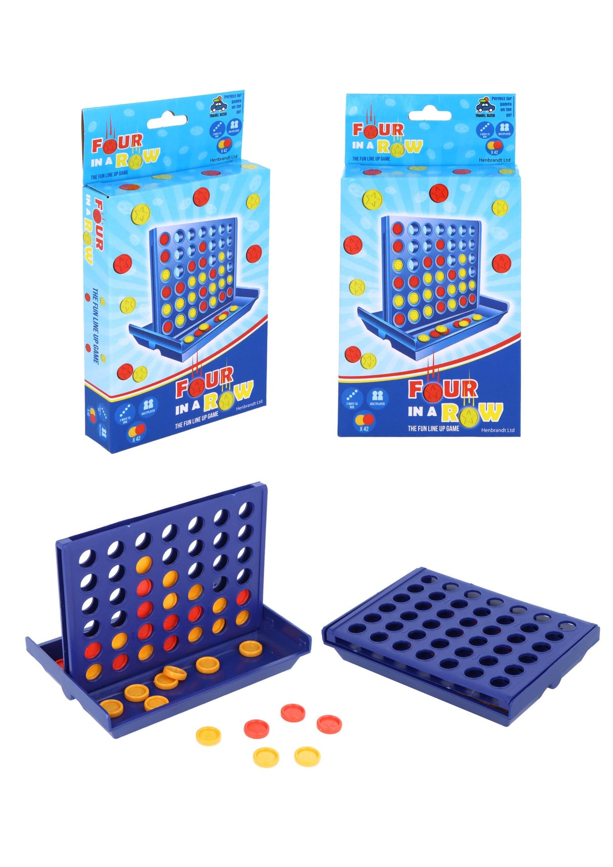 Travel Size Four in a Row Line Connecting Game 13cm Mini Strategy Game 4-in-a-Line with 42 Discs Portable Family Fun Games Birthday Gift Stocking Fillers for Boys and Girls