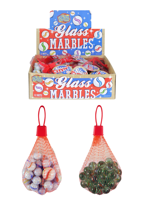 Henbrandt 600 Glass Marbles pack with assorted retro designs, playground game marbles in nets.