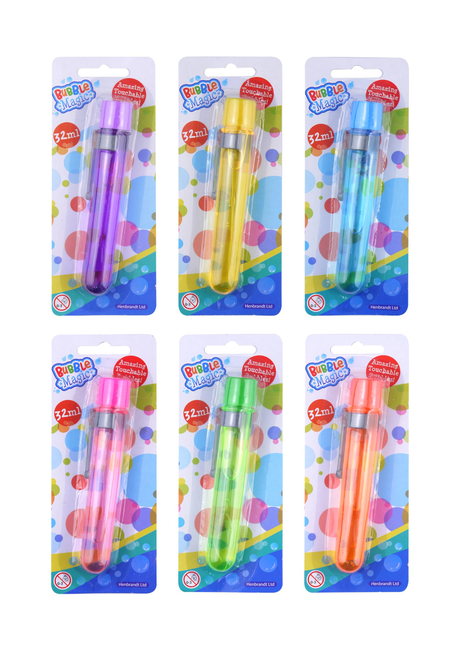 Touchable Bubble Test Tubes in 6 assorted colors, 32ml each, perfect for kids' parties and play.
