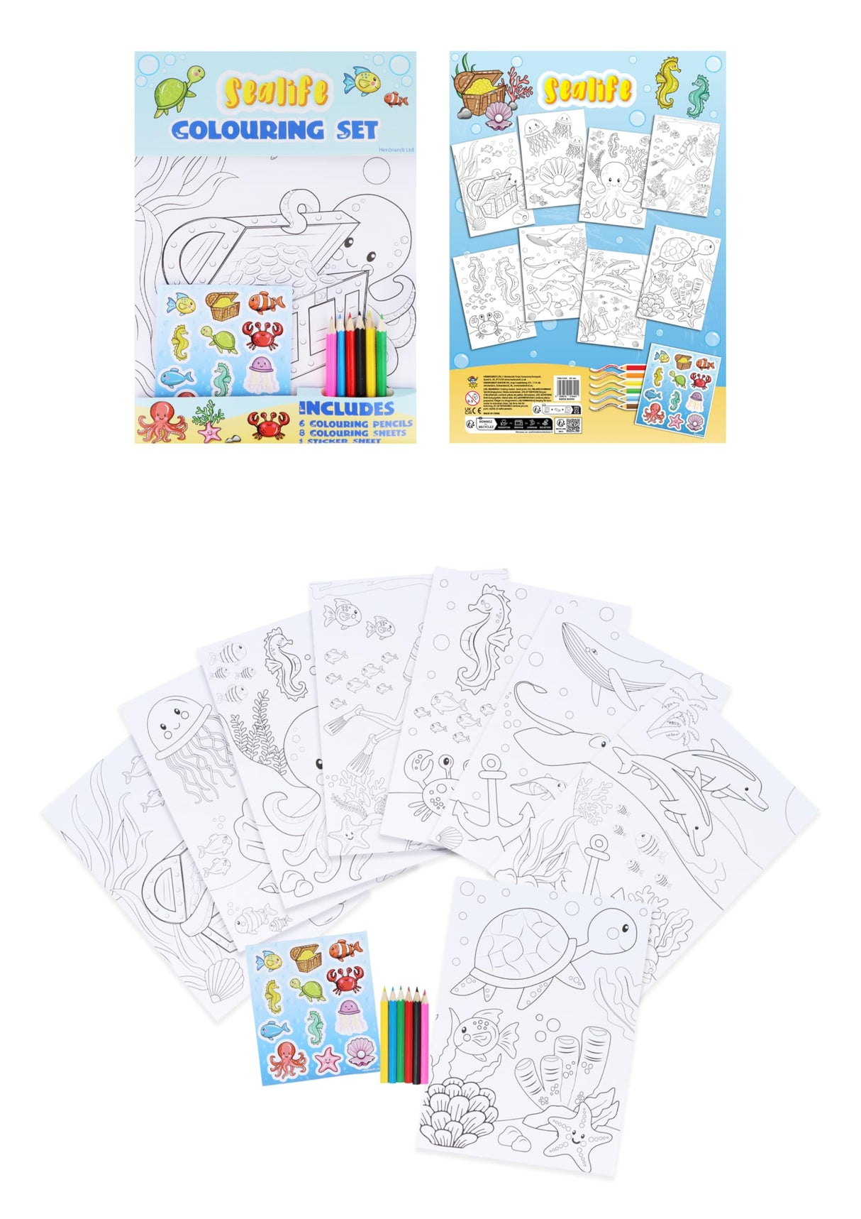 HENBRANDT Single Sealife Colouring Set with 8 Sheets and 6 Mini Colouring Pencils A4 Colouring Children’s Activity Pack Under The Sea Birthday Loot Bag Party Favours for Boys and Girls