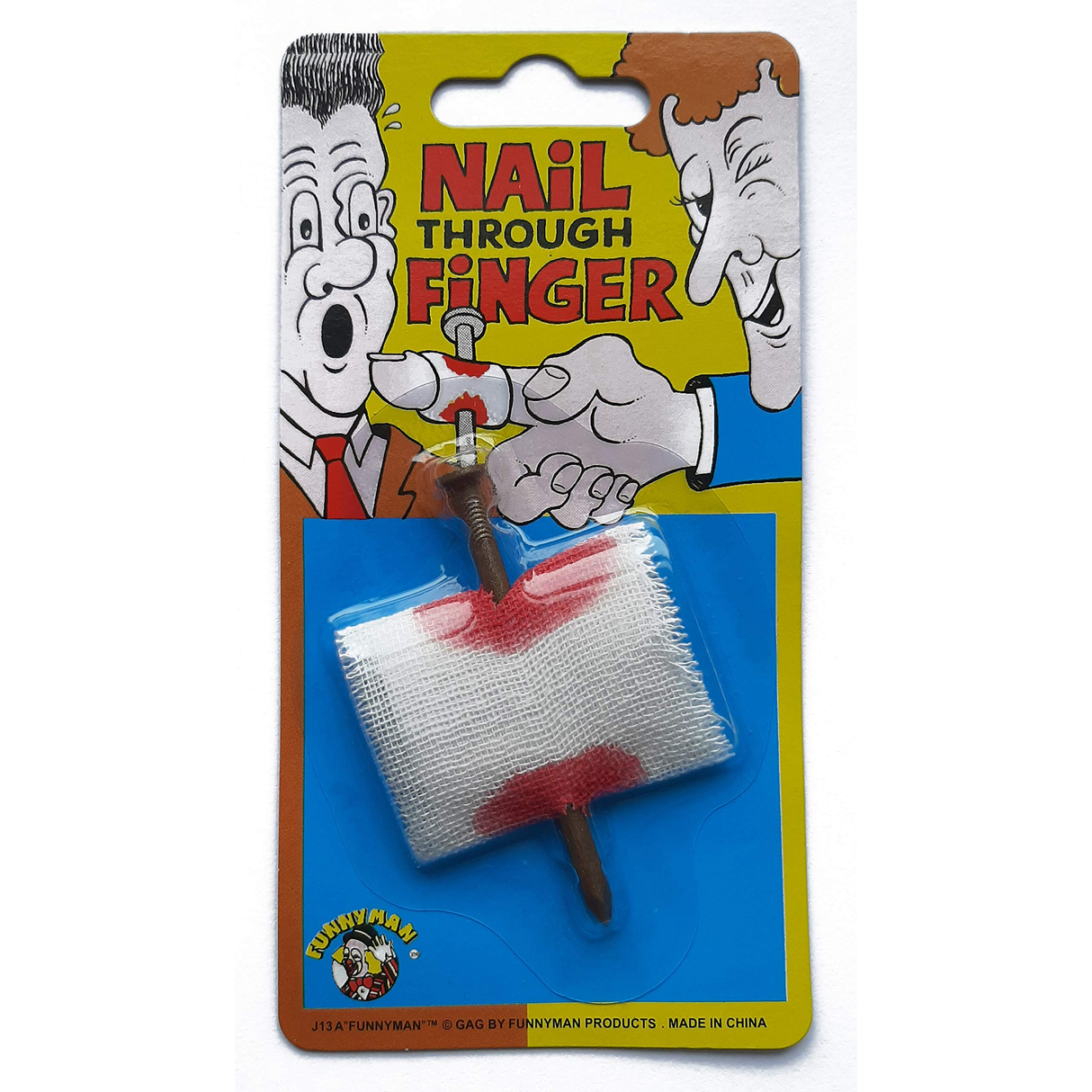 Nail Through Finger practical joke toy with bandage packaging.