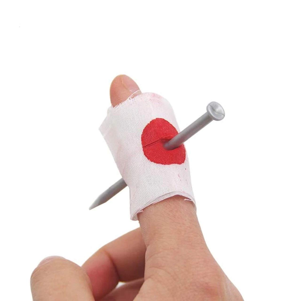 Nail through finger with bandage prank prop for comedy and gag gift.