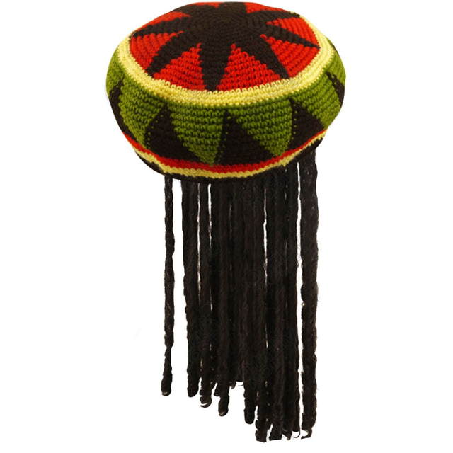Multicolor knitted Rasta beanie hat with dreadlocks for fancy dress adults.