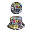Colorful retro 90s adult bucket hat with wide brim, unisex streetwear style.