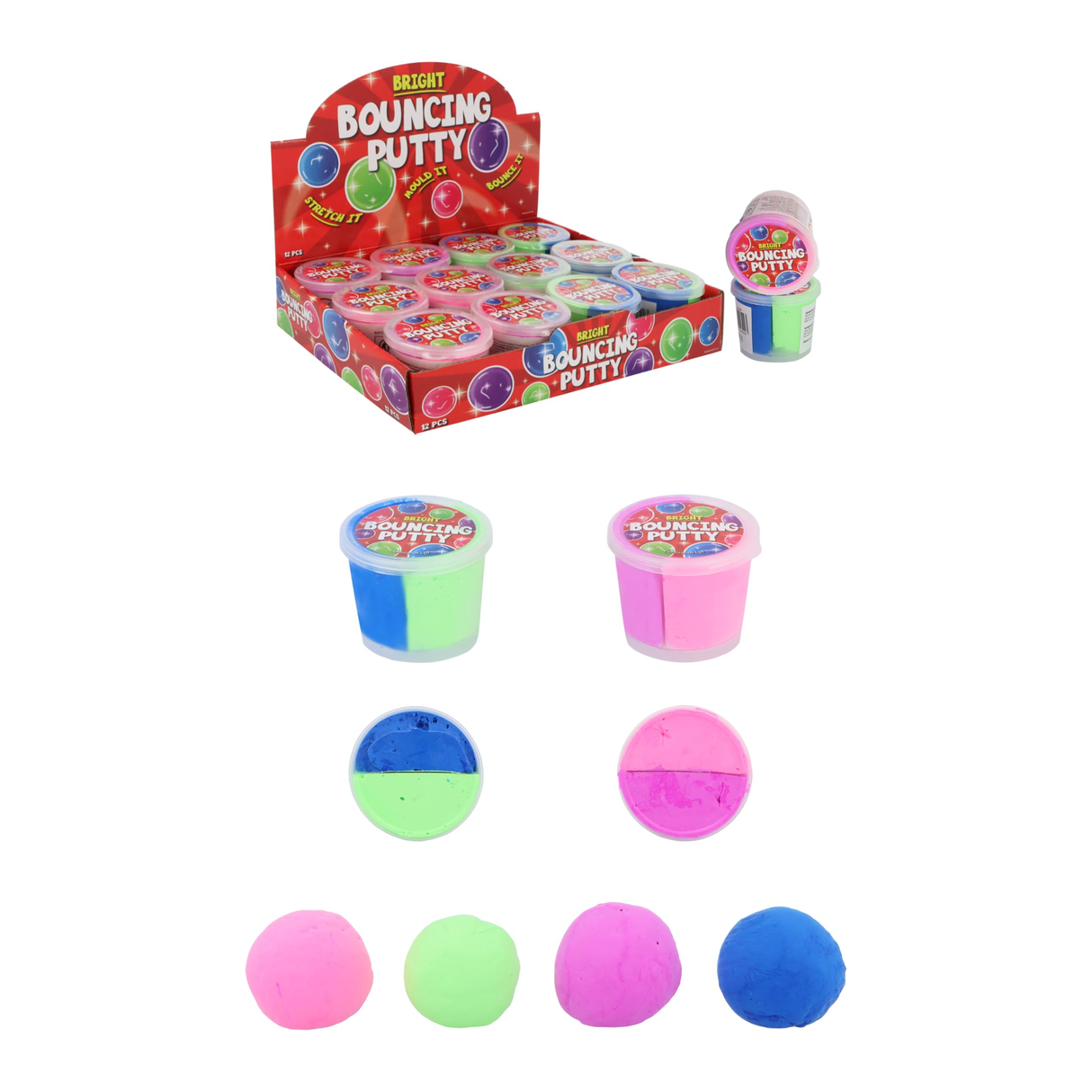 Bouncing Putty 2-Tone Tub 60g, vibrant colors, sensory relief toy for kids.