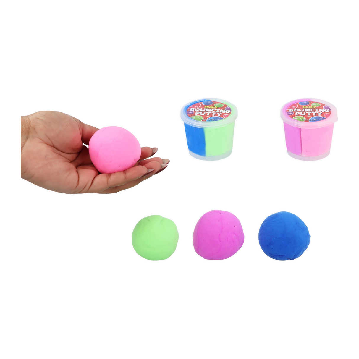 Colorful 2-tone bouncing putty tubs with vibrant colors and squishy texture.