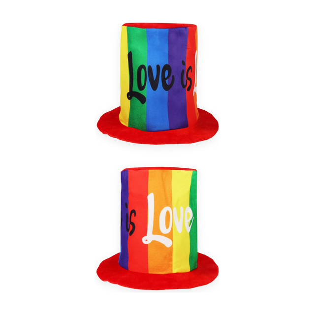 HENBRANDT Single Rainbow Pride 'Love is Love' Extra Tall Top Hat with vibrant rainbow stripes, perfect for LGBTQ+ events.