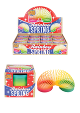 Pack of 12 plastic rainbow spring toys, 7.5cm, boxed for kids, retro party bag fillers.