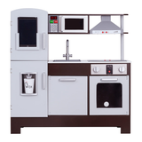 Teamson Kids Munich grey wooden play kitchen with microwave, oven, refrigerator, and battery powered writing board