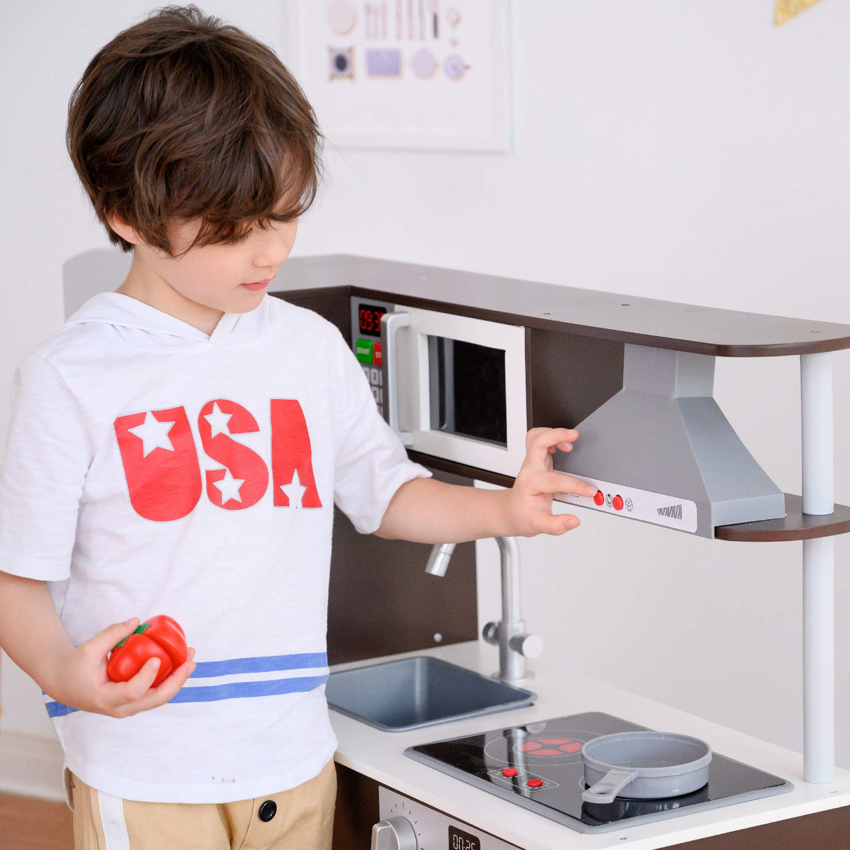 Teamson Kids Munich Kids Wooden Play Kitchen & Battery Powered Writing Board Grey TD-13411A