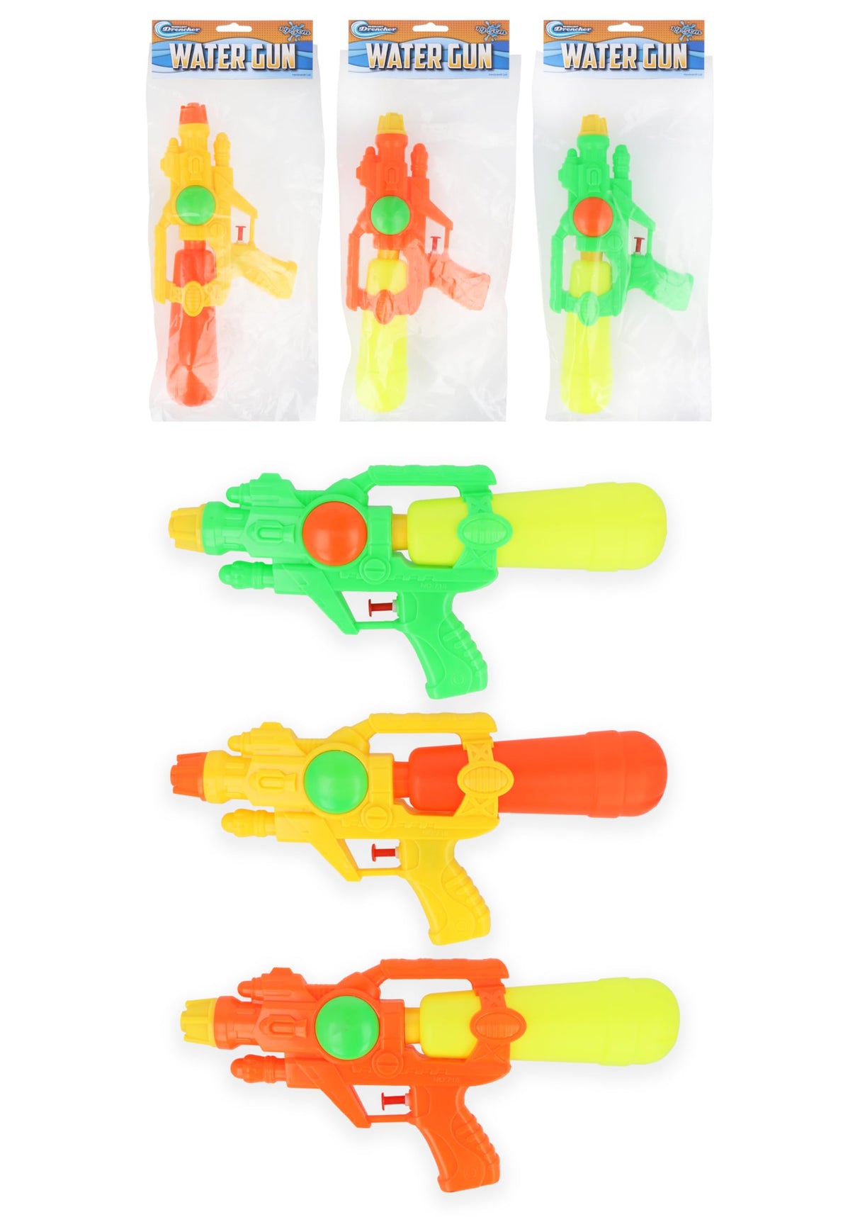 Single Drencher Neon Water Gun in 3 colours 31cm Water Pistols Kids Toys Summer Fun Paddling Pool Beach Soaker Outdoor Game Party Favour Loot Bag Fillers for Boys and Girls