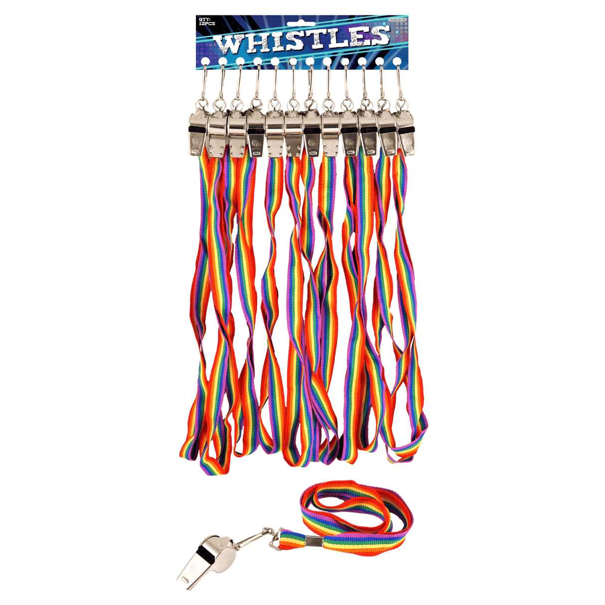 Metal Pride Party Whistles with Rainbow Lanyard for LGBTQ+ Celebrations.