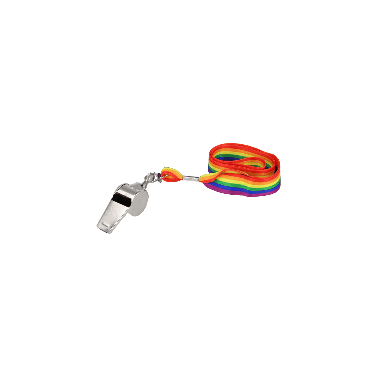 Metal Pride Party Whistle with rainbow lanyard for LGBTQ+ celebrations.