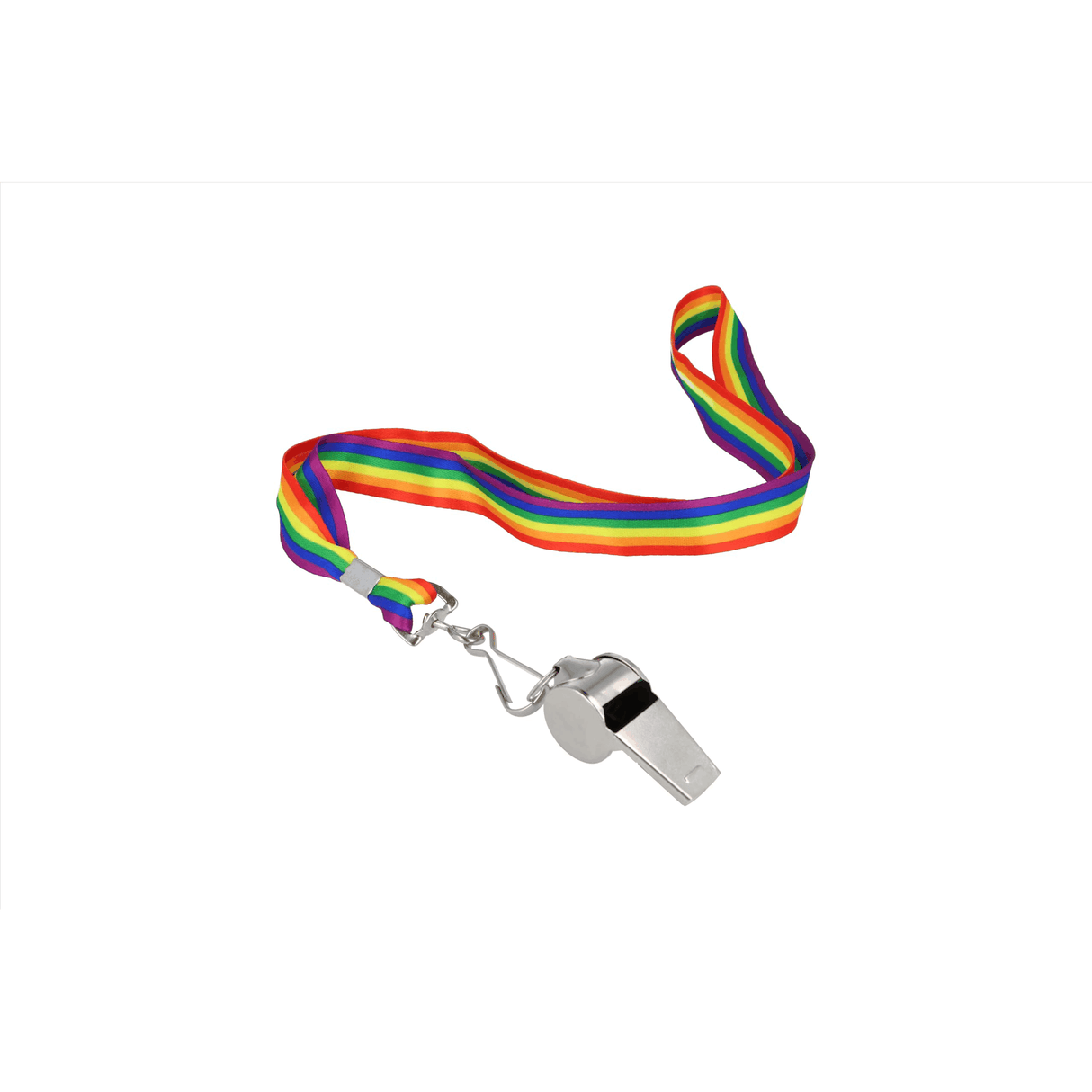 Metal party whistle with rainbow lanyard for Pride celebrations and events.