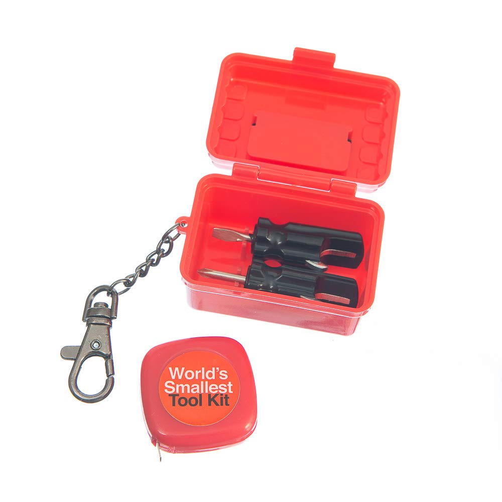 WORLD’S SMALLEST TOOL KIT – Miniature Tool Box with Keychain – Includes Tape Measure & 2 Mini Screwdrivers - Fun Mens Gifts, Novelty Keyring, Mini Things & Desk Accessories