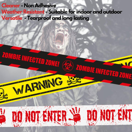 Halloween Warning Tape 3-Pack | Zombie, Do Not Enter, Warning Designs | 3m x 7cm each design Wholesale