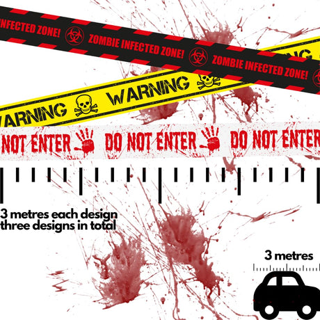Halloween Warning Tape 3-Pack | Zombie, Do Not Enter, Warning Designs | 3m x 7cm each design Wholesale