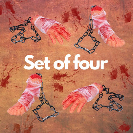 Horror Halloween Decor: Hanging Severed Hands & Feet Chains - 4-Pack Gory Prop Set