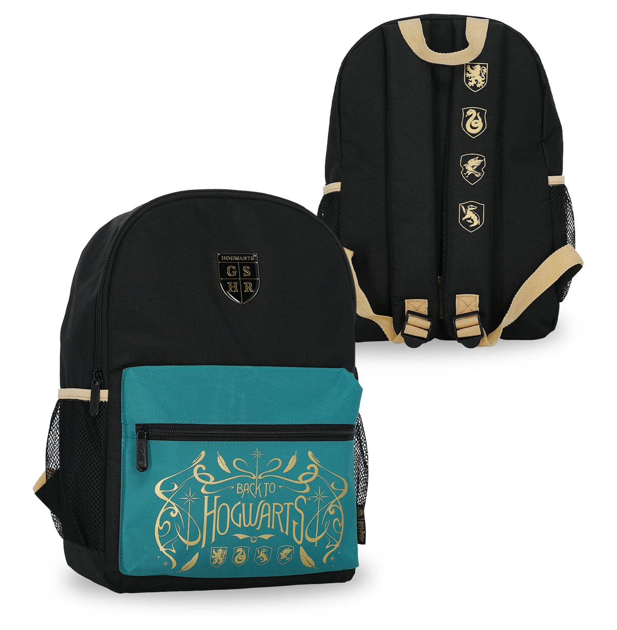 Black nylon Harry Potter Hogwarts Crest backpack with teal front pocket and mesh side pockets