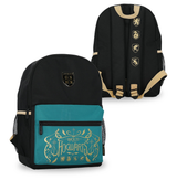 Black nylon Harry Potter Hogwarts Crest backpack with teal front pocket and mesh side pockets