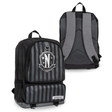 Large black and gray striped Wednesday Backpack with Nevermore Academy logo, adjustable padded straps, and multiple compartments for school and travel use
