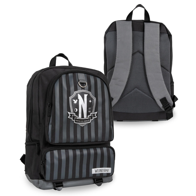Large black and gray striped Wednesday Backpack with Nevermore Academy logo, adjustable padded straps, and multiple compartments for school and travel use