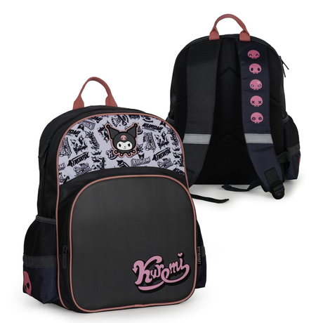 Black and pink Kuromi Hello Kitty backpack with multiple compartments and adjustable straps for kids and teens