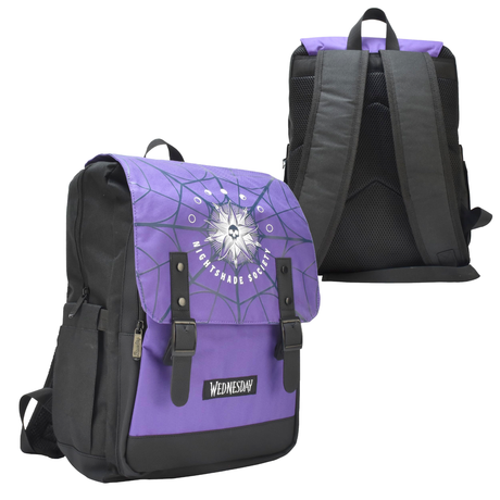 Purple and black Wednesday Backpack with Nightshade Society design, adjustable padded straps, and multiple compartments for school and travel use.