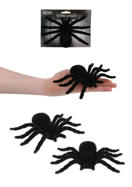 Set of six 17cm furry black spider Halloween decorations with hairy texture for party favors and pranks.