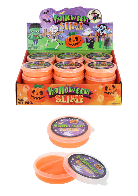 Pack of 24 Halloween party bag favours with orange pumpkin slime tubs and spooky lids for kids' party loot fillers