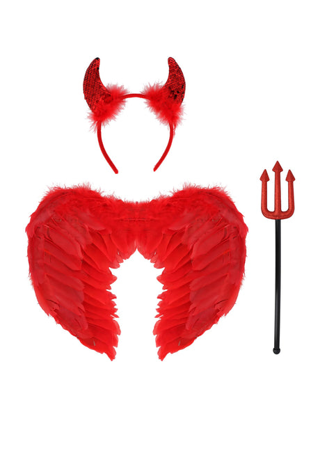 Adult 3-Piece Devil Fancy Dress Set - Red Feathered Wings, Horned Headband & Fork Trident