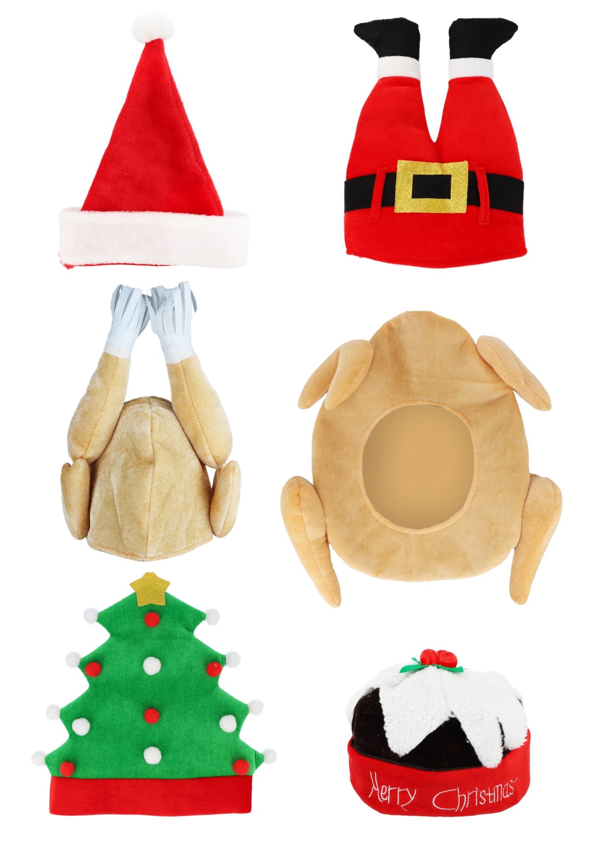 Christmas Novelty Hat Collection - 6 Assorted Adult Festive Party Headwear Designs - Santa, Pudding, Elf & Xmas Tree Fancy Dress Costume Accessories