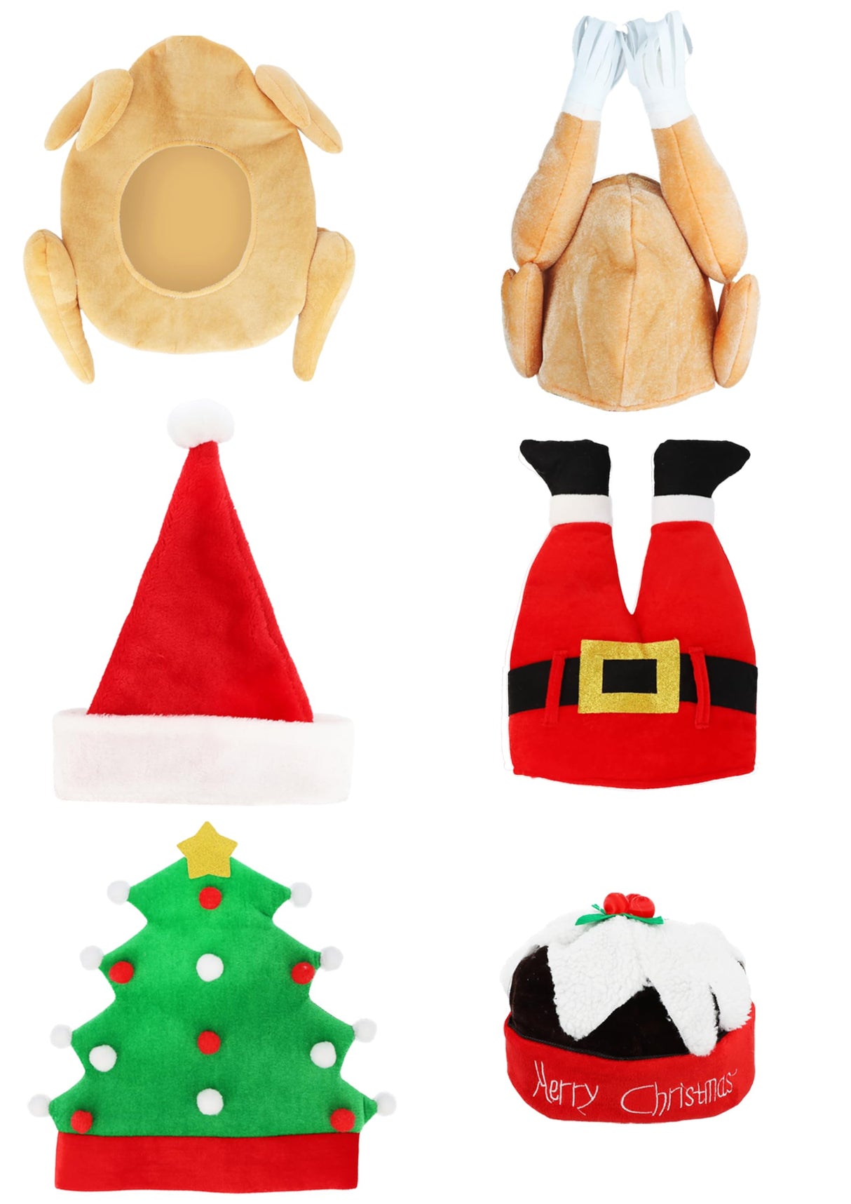 Christmas Novelty Hat Collection - 6 Assorted Adult Festive Party Headwear Designs - Santa, Pudding, Elf & Xmas Tree Fancy Dress Costume Accessories