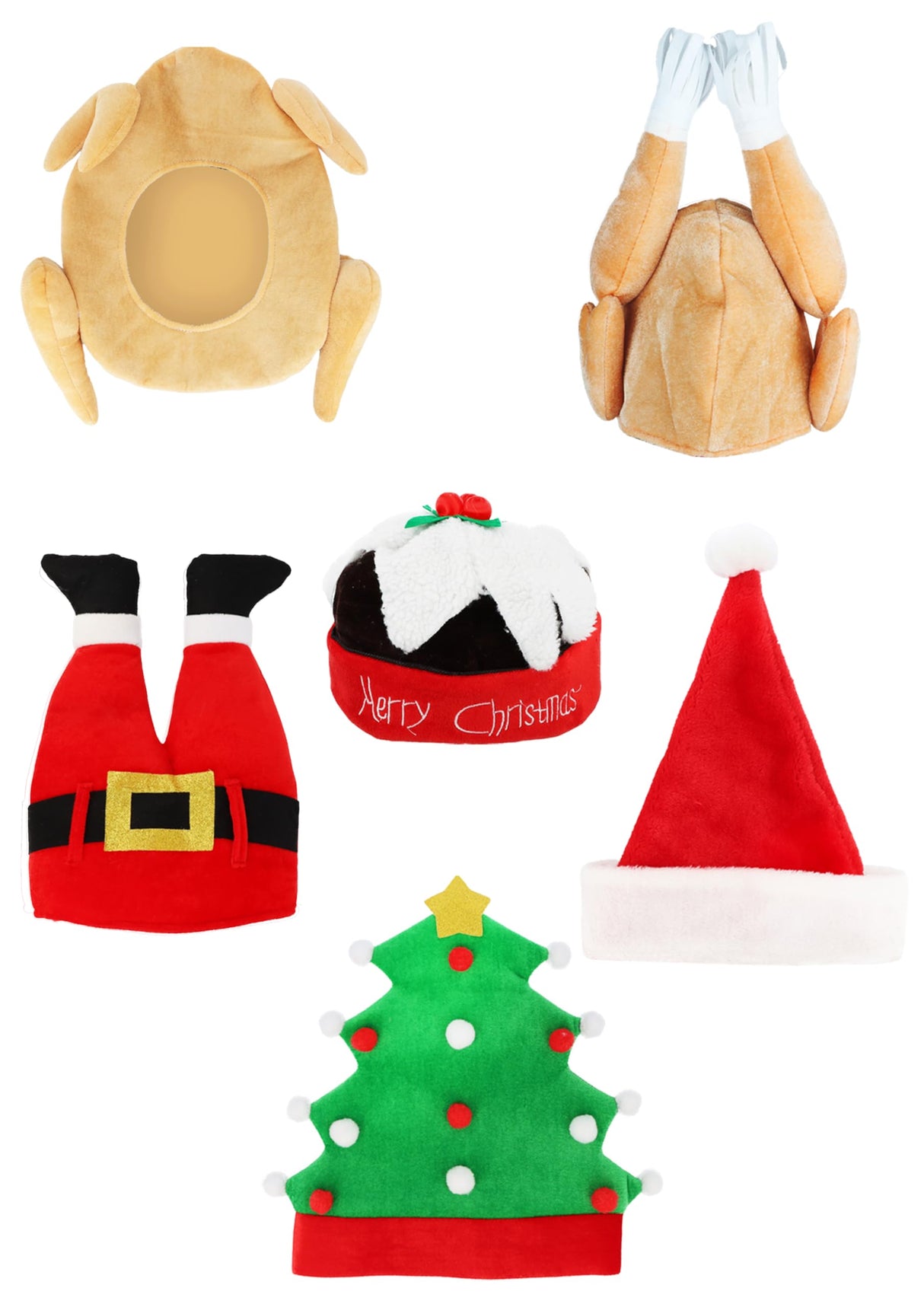 Christmas Novelty Hat Collection - 6 Assorted Adult Festive Party Headwear Designs - Santa, Pudding, Elf & Xmas Tree Fancy Dress Costume Accessories