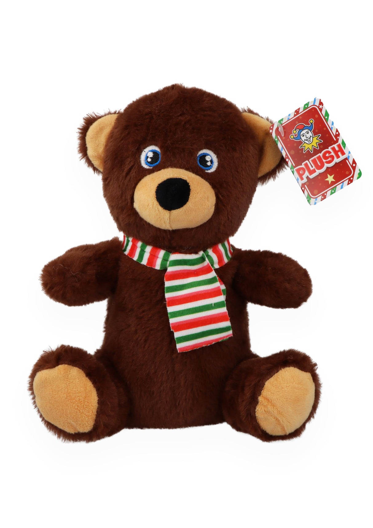 Christmas Bear Plushie Soft Cuddly Toy - 20cm Brown Festive Teddy with Red Green Striped Scarf, for Children and Adults