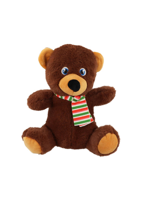 Christmas Bear Plushie Soft Cuddly Toy - 20cm Brown Festive Teddy with Red Green Striped Scarf, for Children and Adults